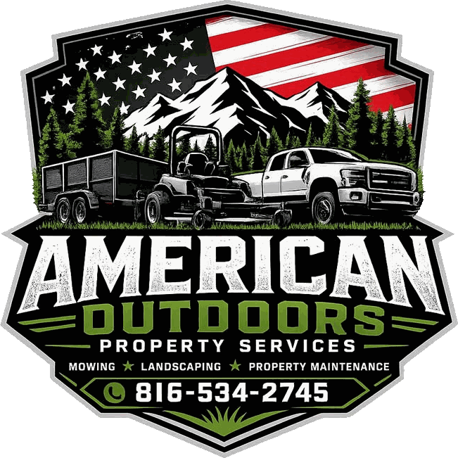 American Outdoors Property Services badge: mountains, pines, a mower, trailer and pickup under the flag, with Mowing, Landscaping, Property Maintenance and 816-534-2745